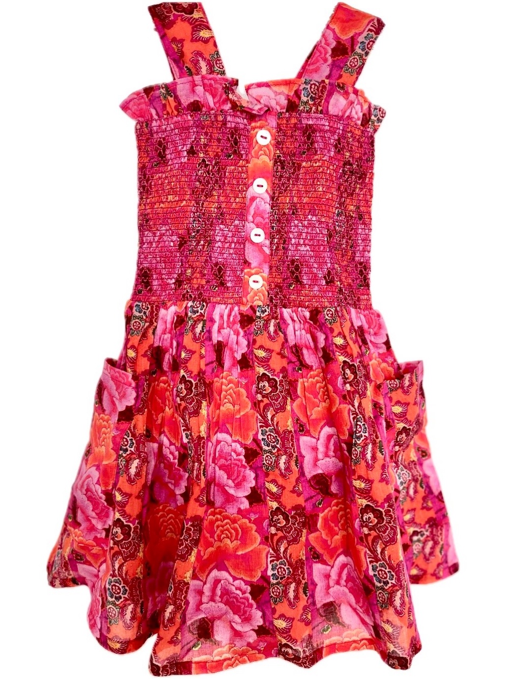 Girls' Pink Floral Sundress with Smocked Bodice